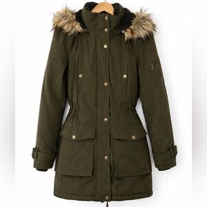DKNY Olive Green Utility Parka Size L Removable Hood Faux Fur Trim